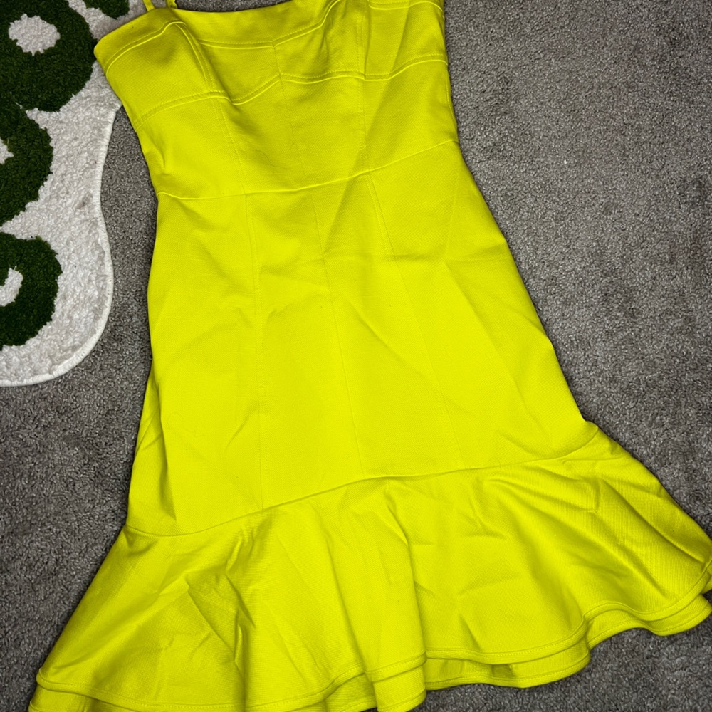Karen Millen neon green knit ruffle hem fitted dress